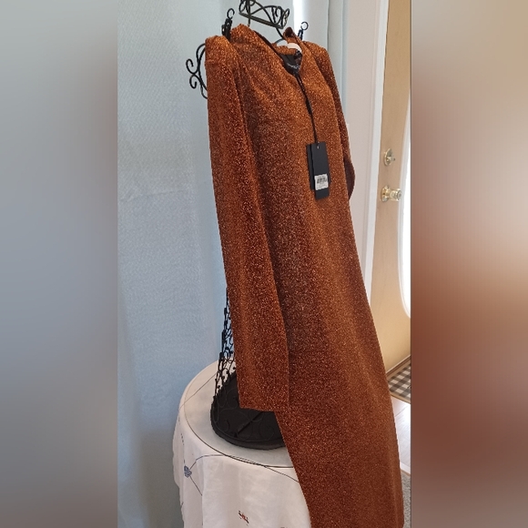 Cynthia Rowley Glitter Tease Shimmering Metallic Bronze Long Sleeve Maxi Dress - Picture 3 of 11